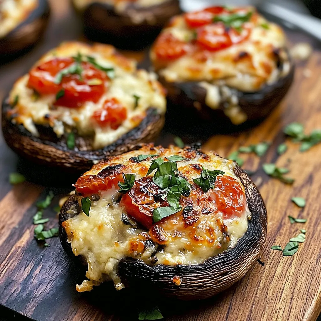 Juicy mushrooms topped with cheese and tomatoes.