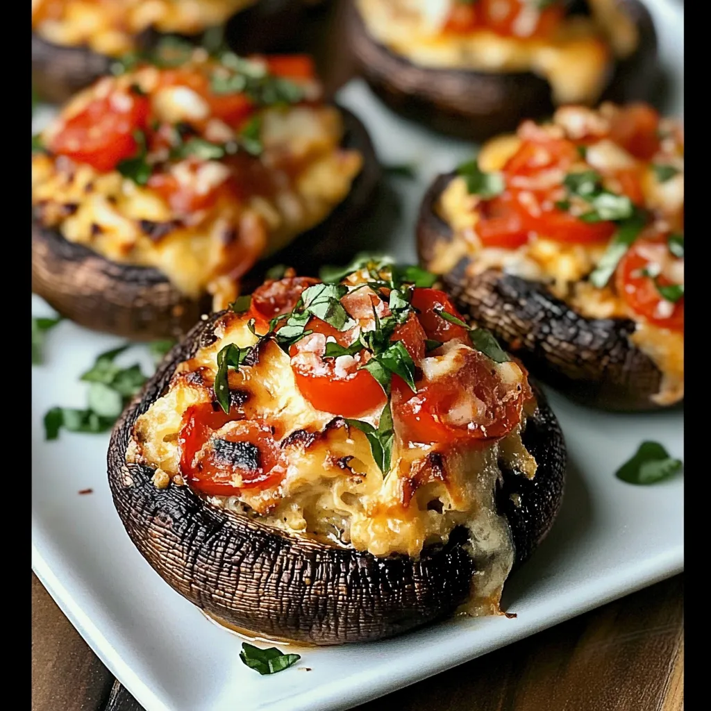 A plate of mushrooms with tomatoes and cheese.