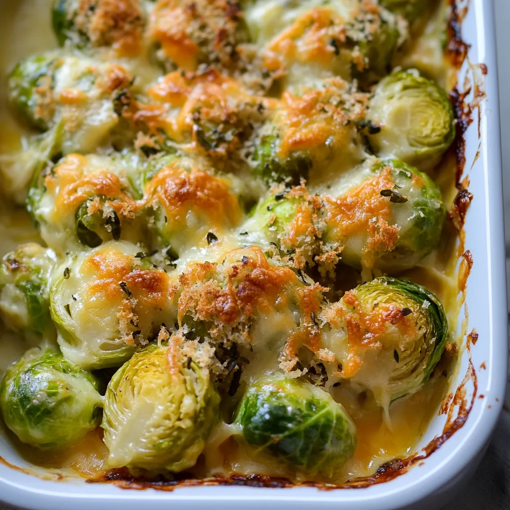 Smooth, golden cheese-covered sprouts served hot in a dish.