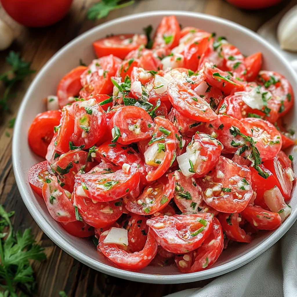 A bowl of sliced tomatoes with herbs.