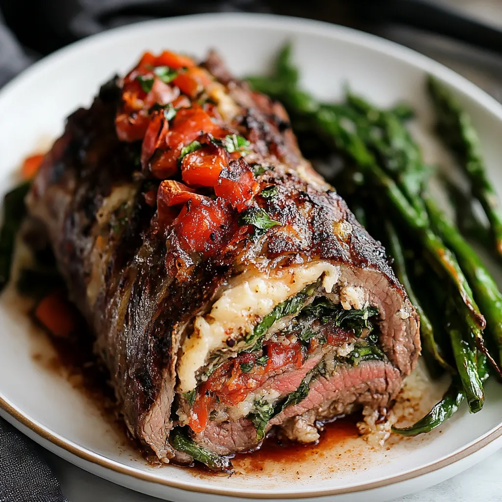A plate of food with a meat roll and green beans.