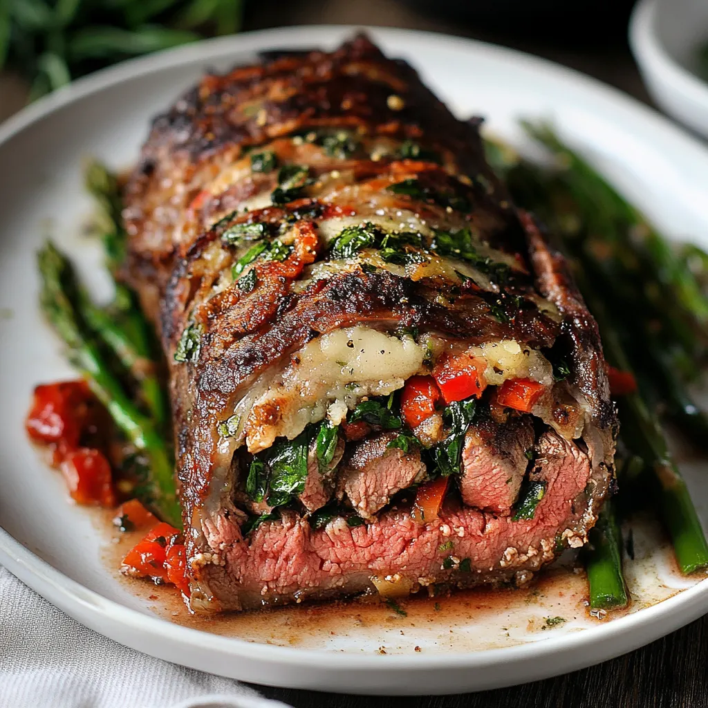 A large steak with vegetables on top.