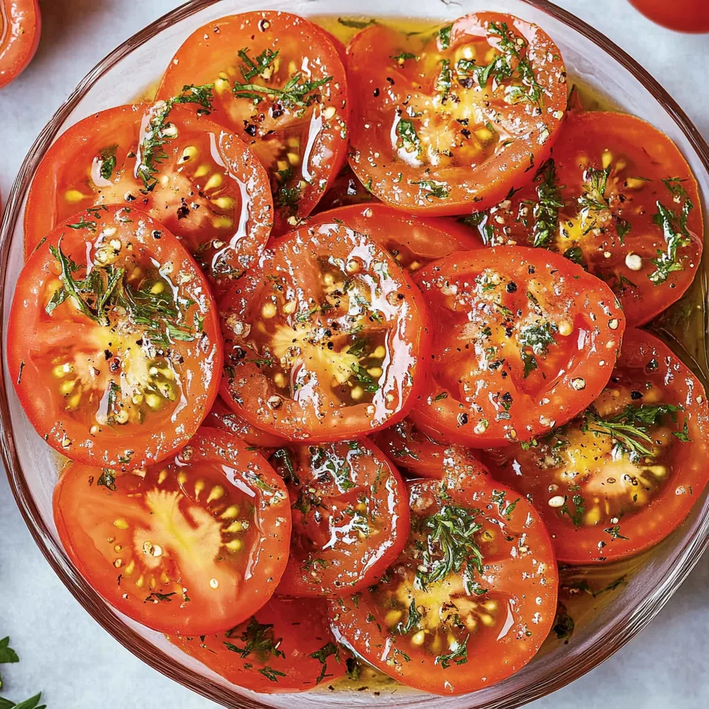 Tomato slices in a bowl dressed with herbs.