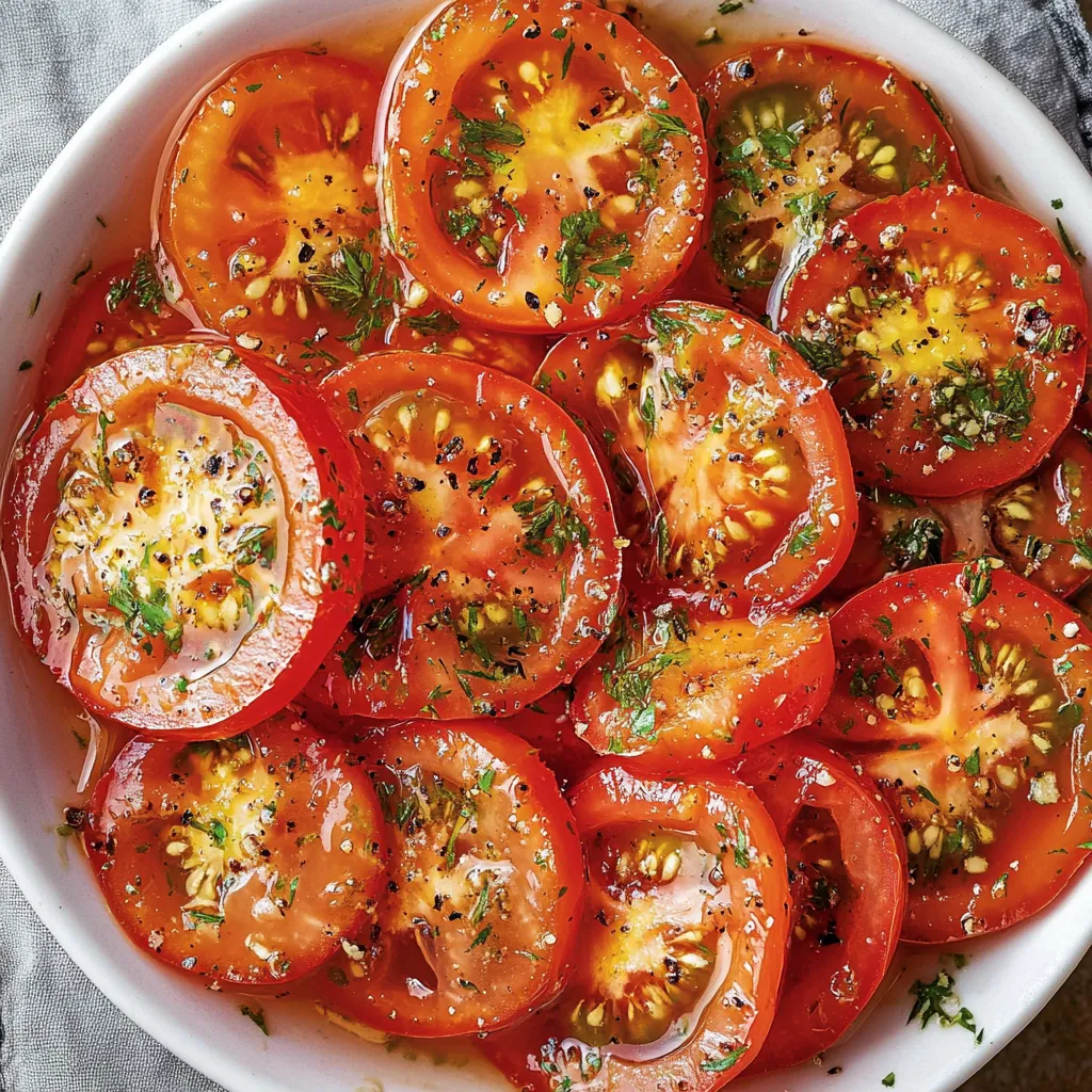 A bowl of sliced tomatoes with herbs.