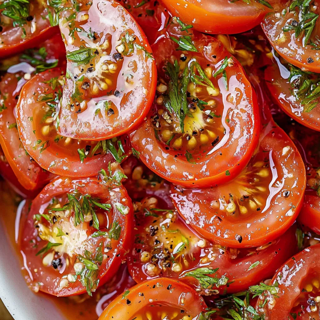 A bowl of sliced tomatoes with herbs.