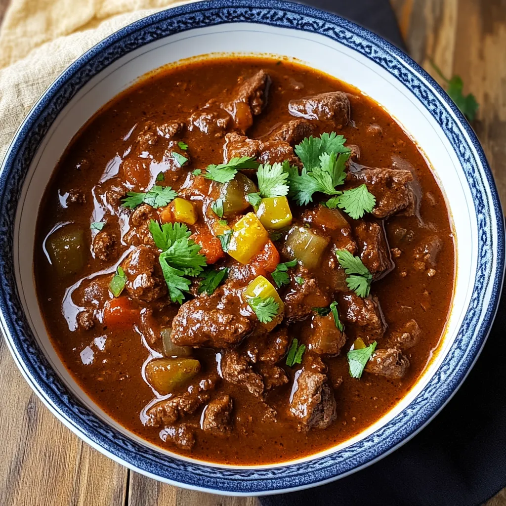 A bowl filled with a rich beef stew and a spoon inside.