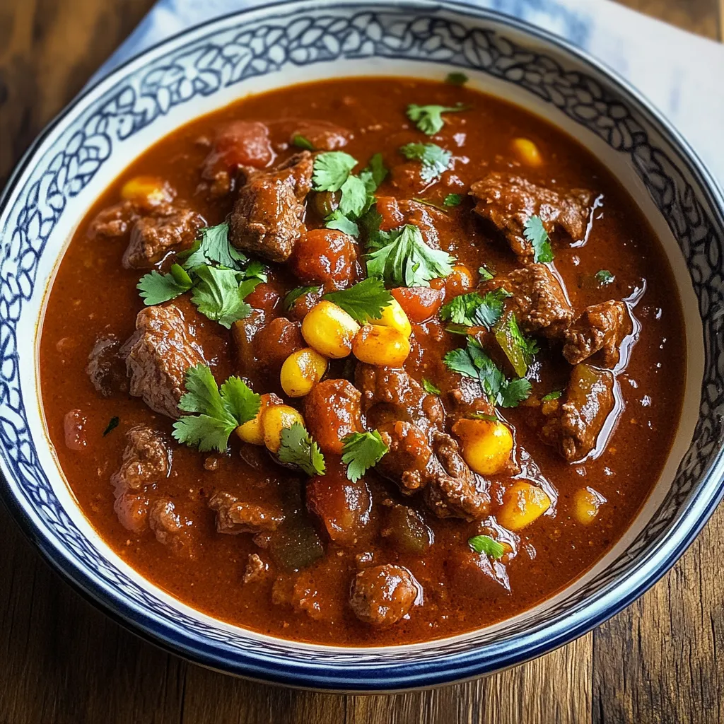 A bowl of chili with meat and vegetables.