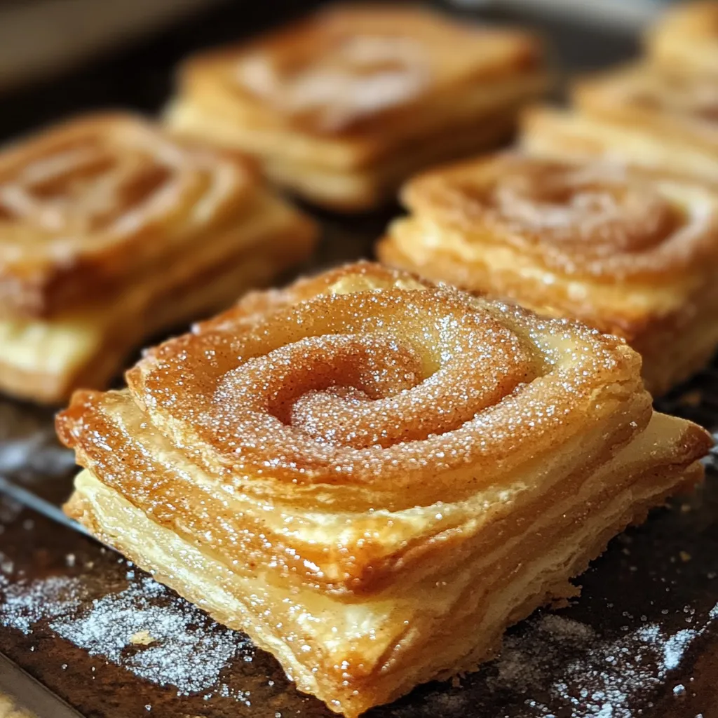 Flaky pastries topped with sugar on a plate.