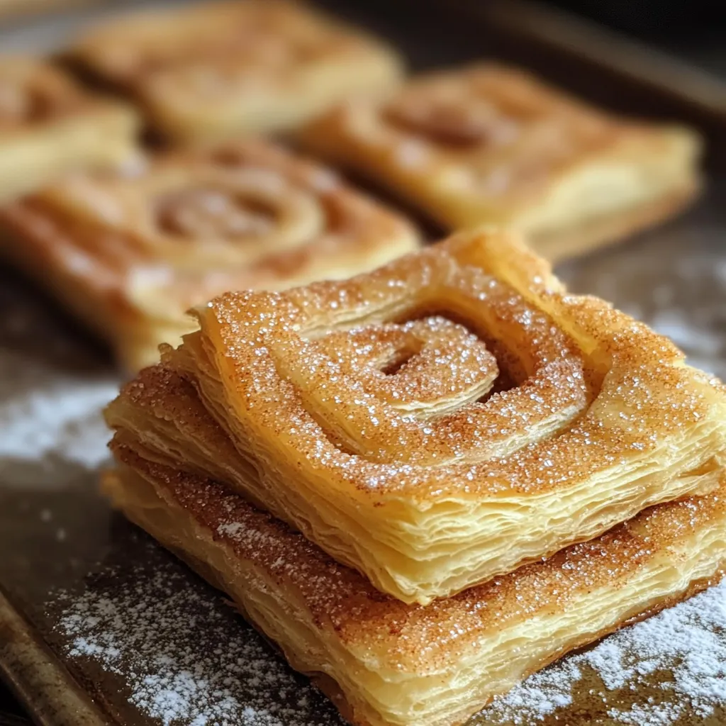 A stack of pastries with powdered sugar on top.