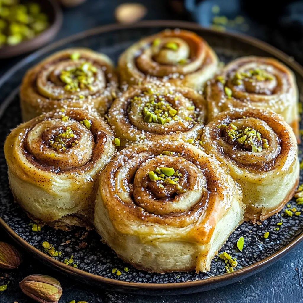 Pastries topped with crushed pistachios on a plate.