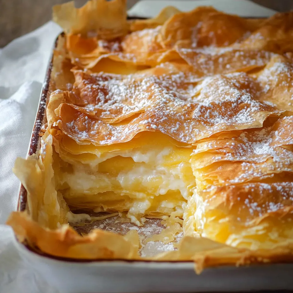 A baking dish with golden layers and sugar dusted on top.