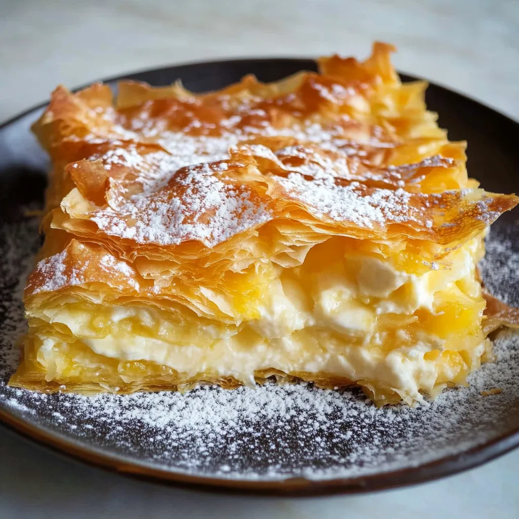 A slice of pastry with powdered sugar on a plate.