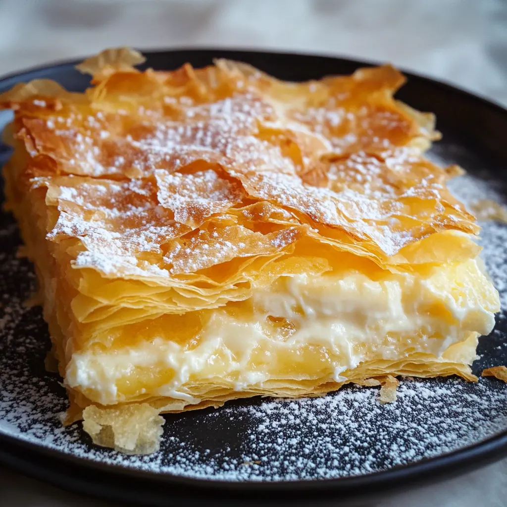 A slice of pastry with powdered sugar on a plate.