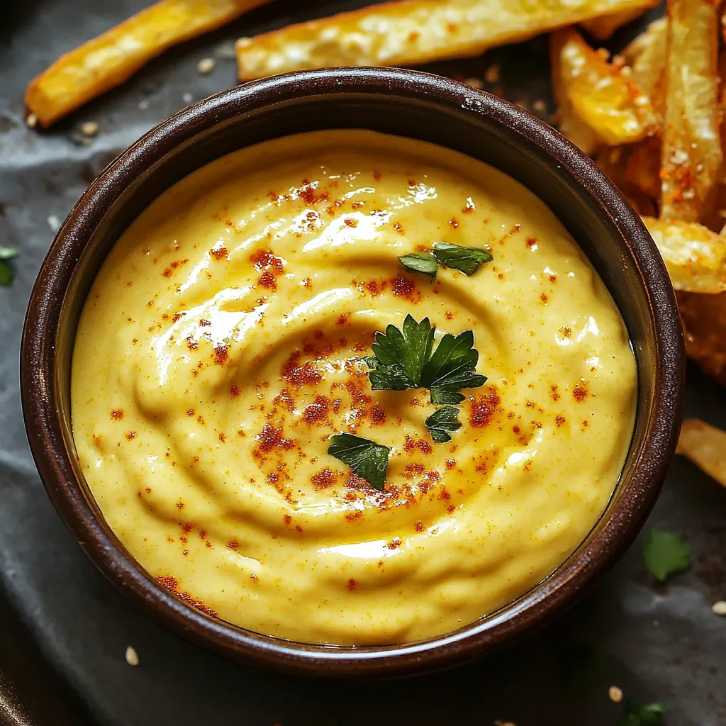 A bowl of dip with a green garnish.