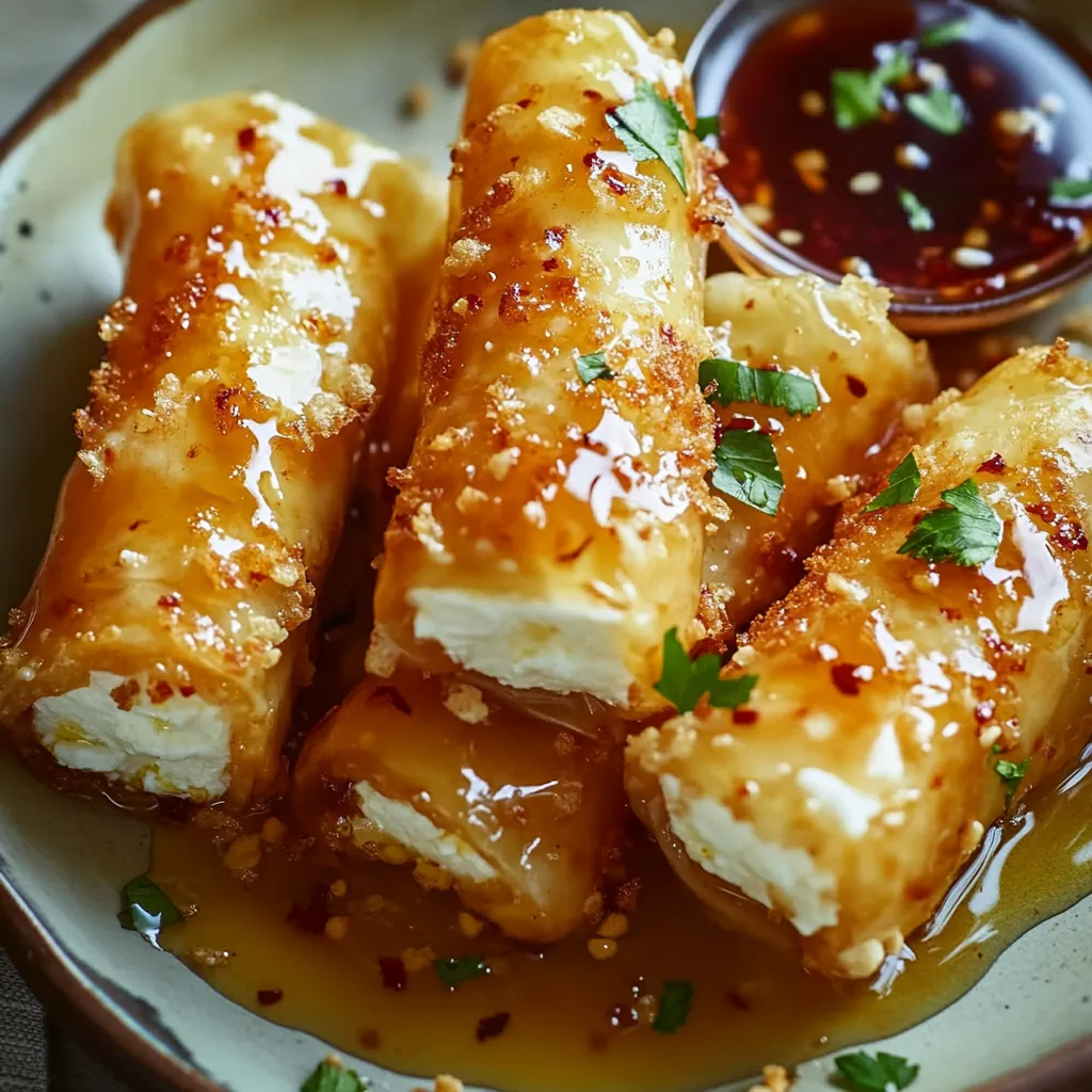 Crispy golden rolls with honey dip.