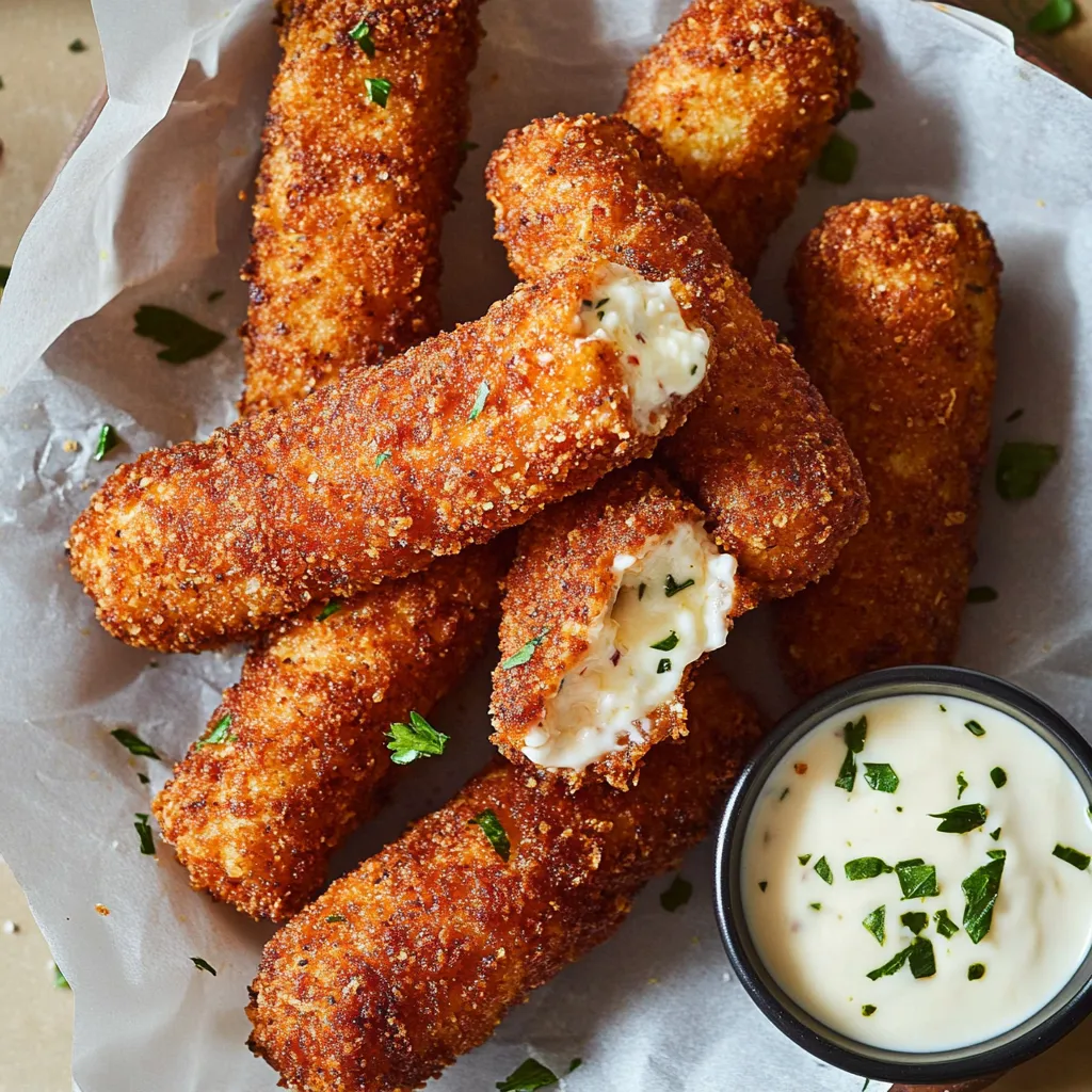 Crispy cheese sticks on a plate with a dipping sauce.