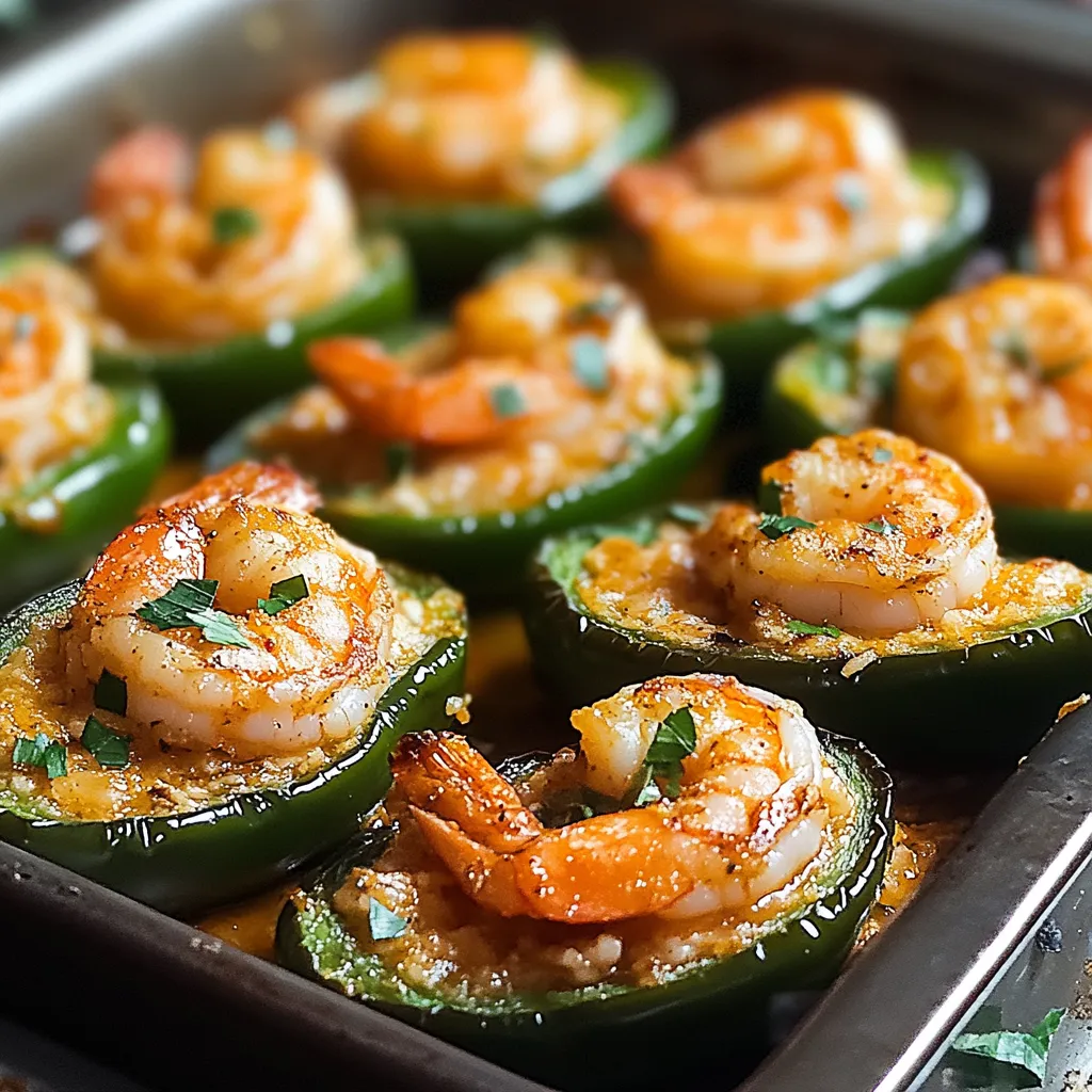A skillet with spicy shrimp-stuffed peppers.