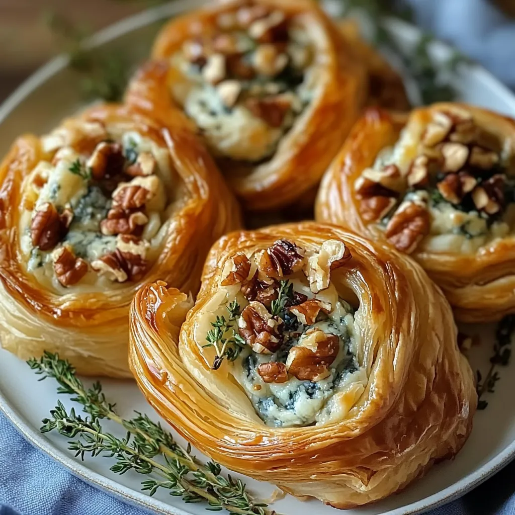 A plate of pastries with nuts and blue cheese.