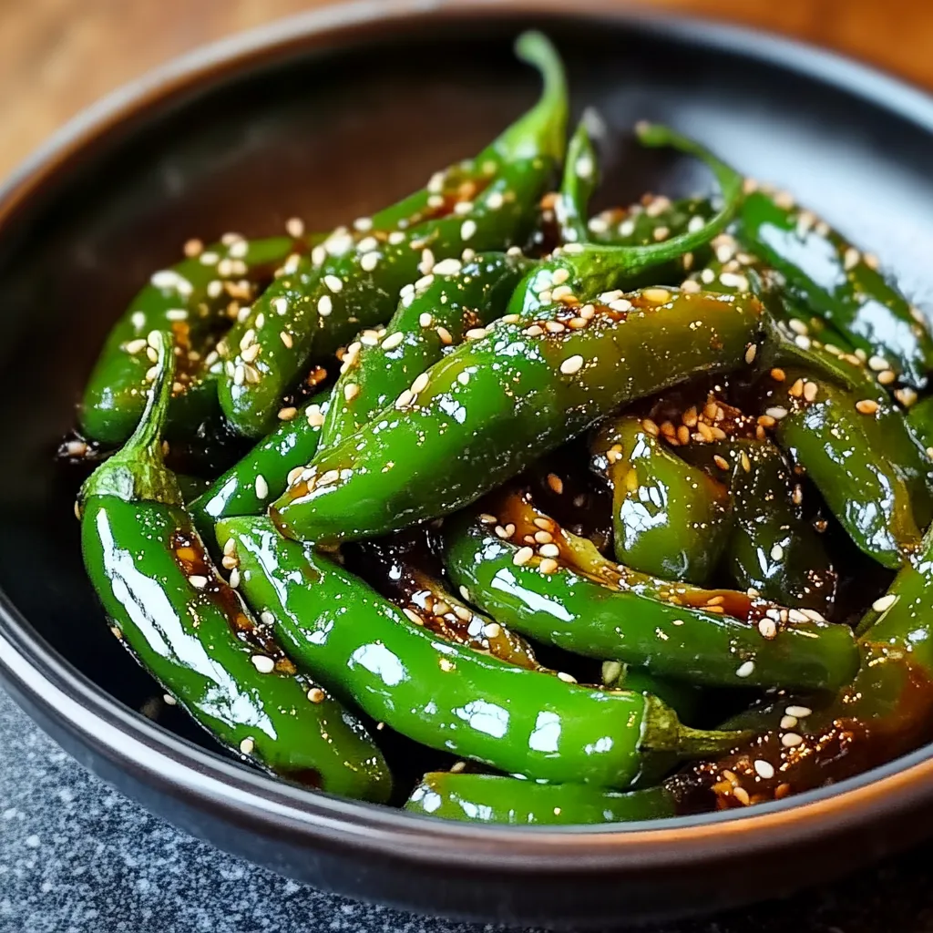 A dish of blistered green peppers with seasoning.