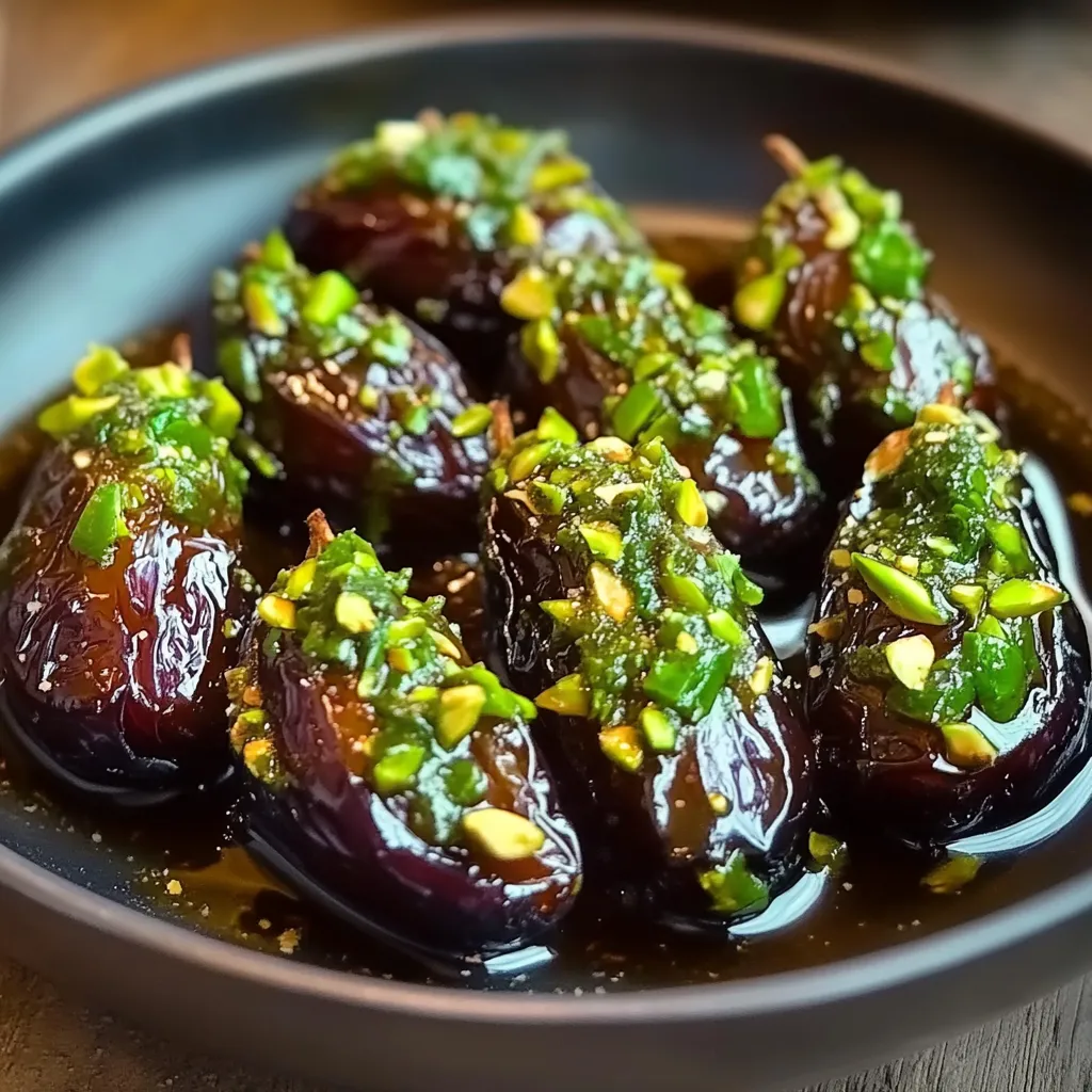 A dish featuring stuffed dates with green toppings.