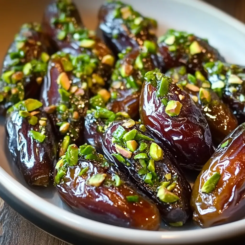 A bowl of dates with green toppings.