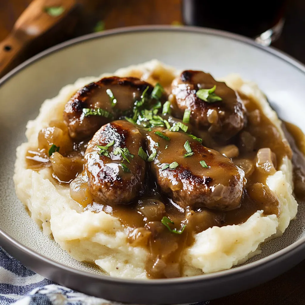 Sausages and mashed potatoes on a plate.
