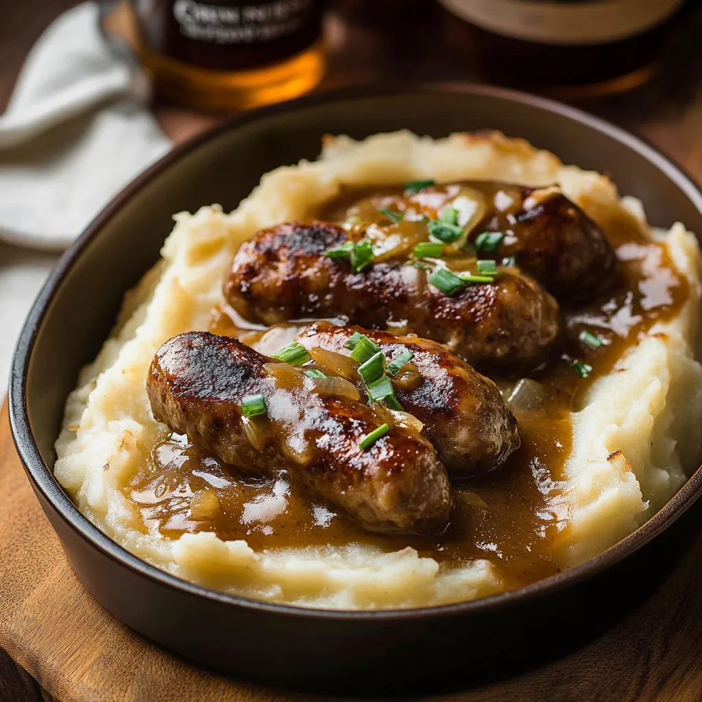 A plate of sausage and potatoes.