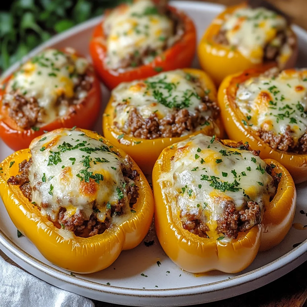 A plate of peppers with meat in them.
