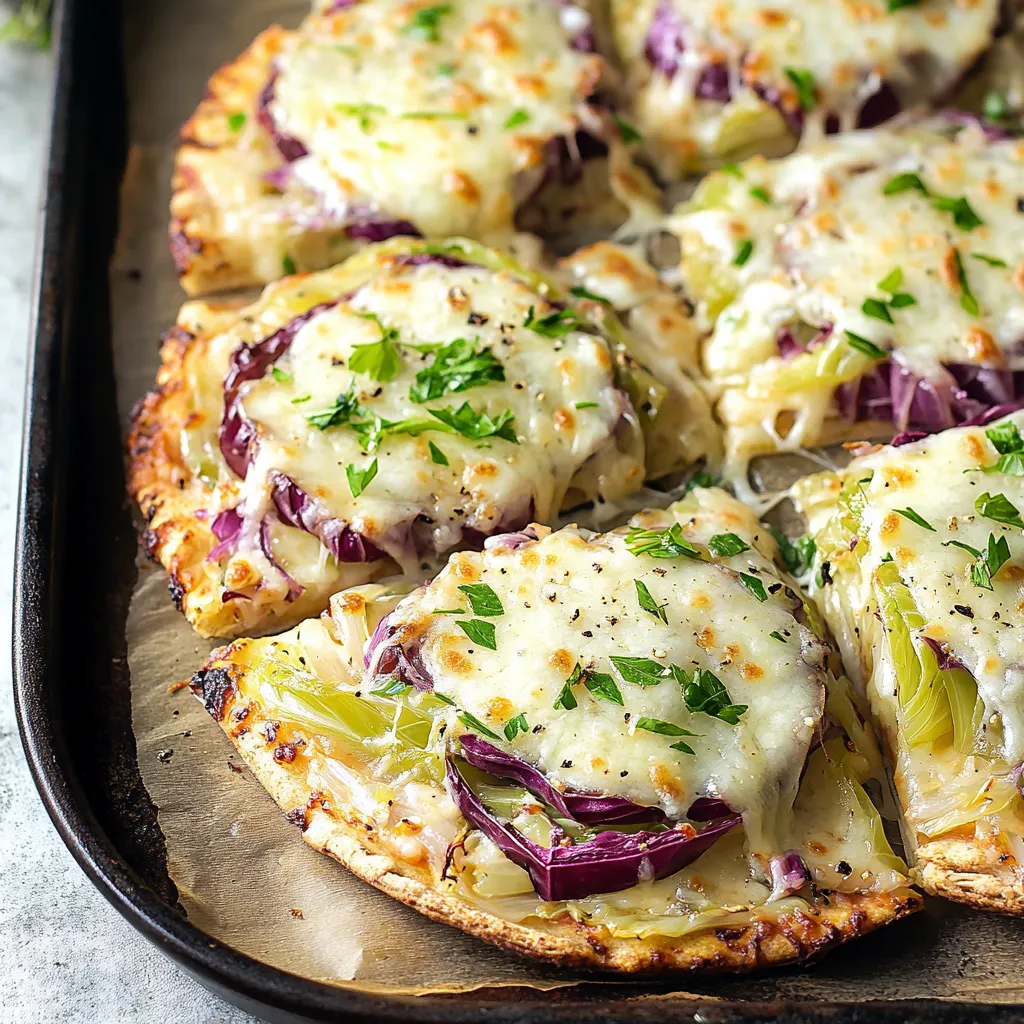 A pan of yummy-looking cabbage with melted cheese and toppings.