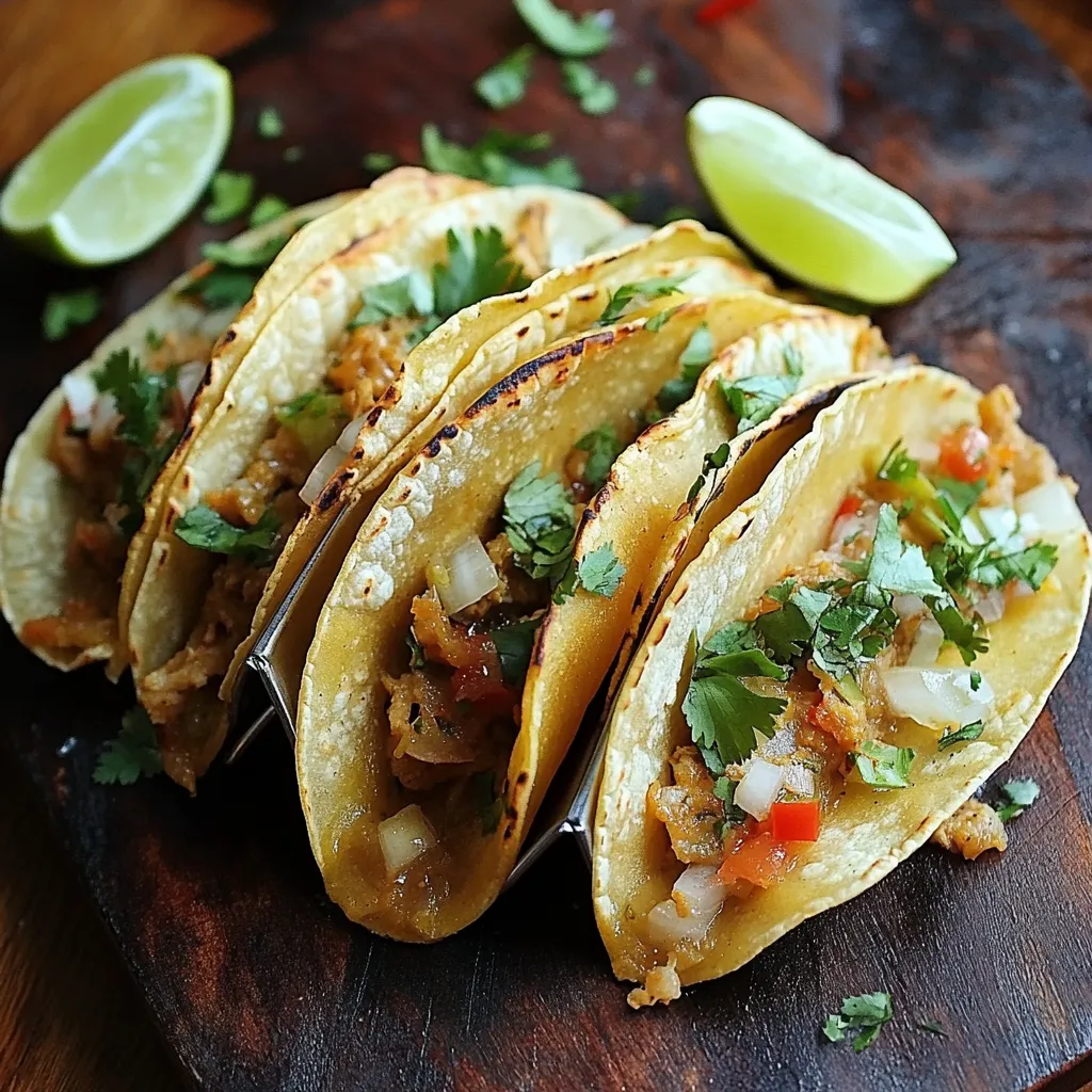 A plate of tacos stacked on a wooden surface.
