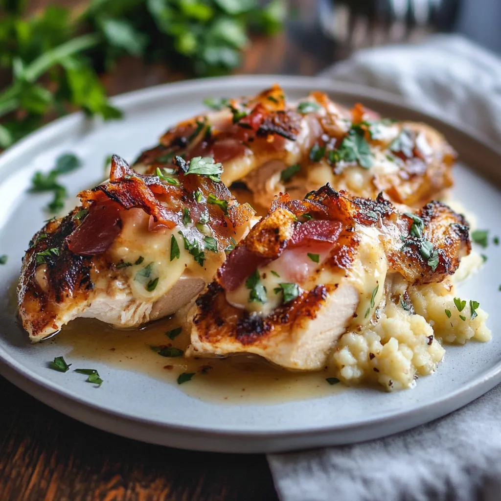 A plate of chicken with bacon and cheese.