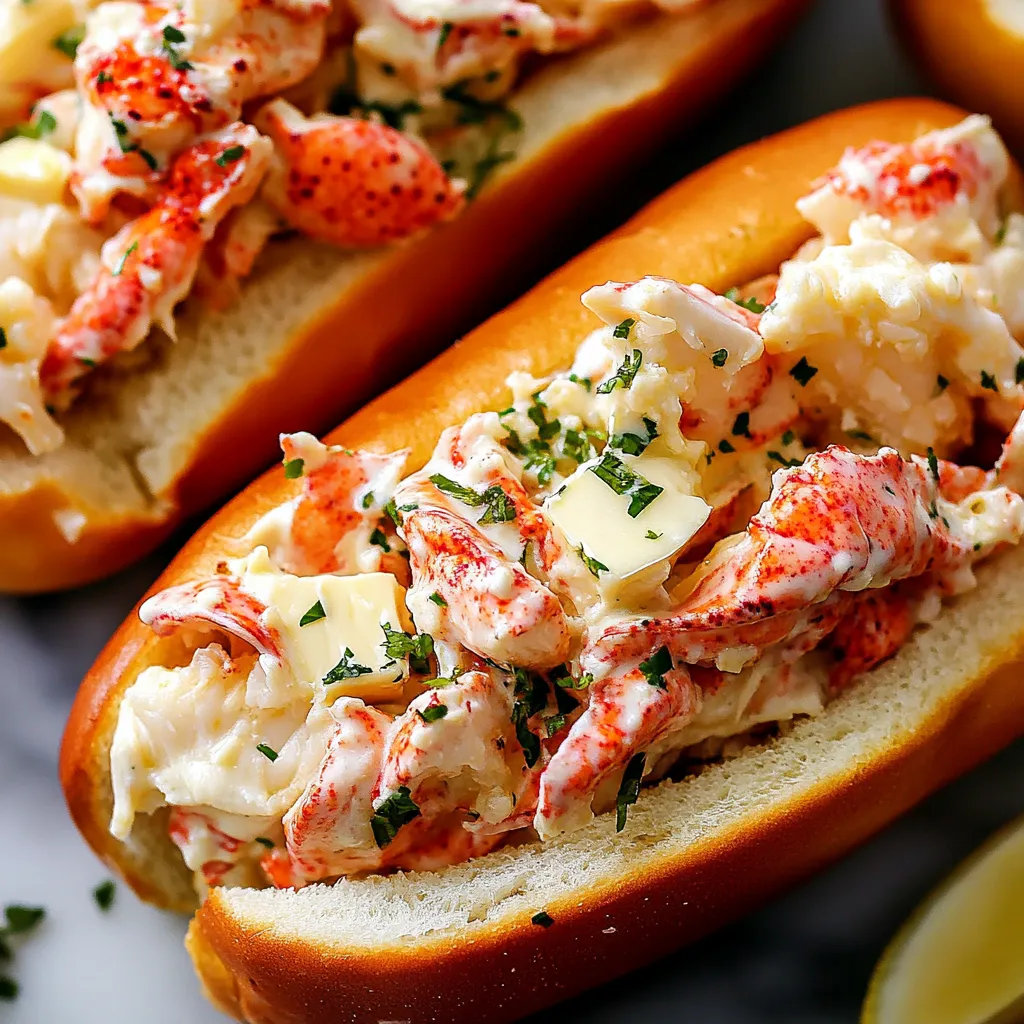 Two toasted buns topped with buttery lobster.