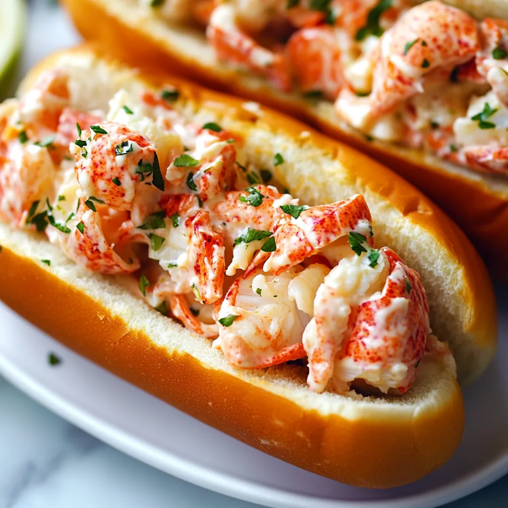 Two hot dogs with lobster meat on top.