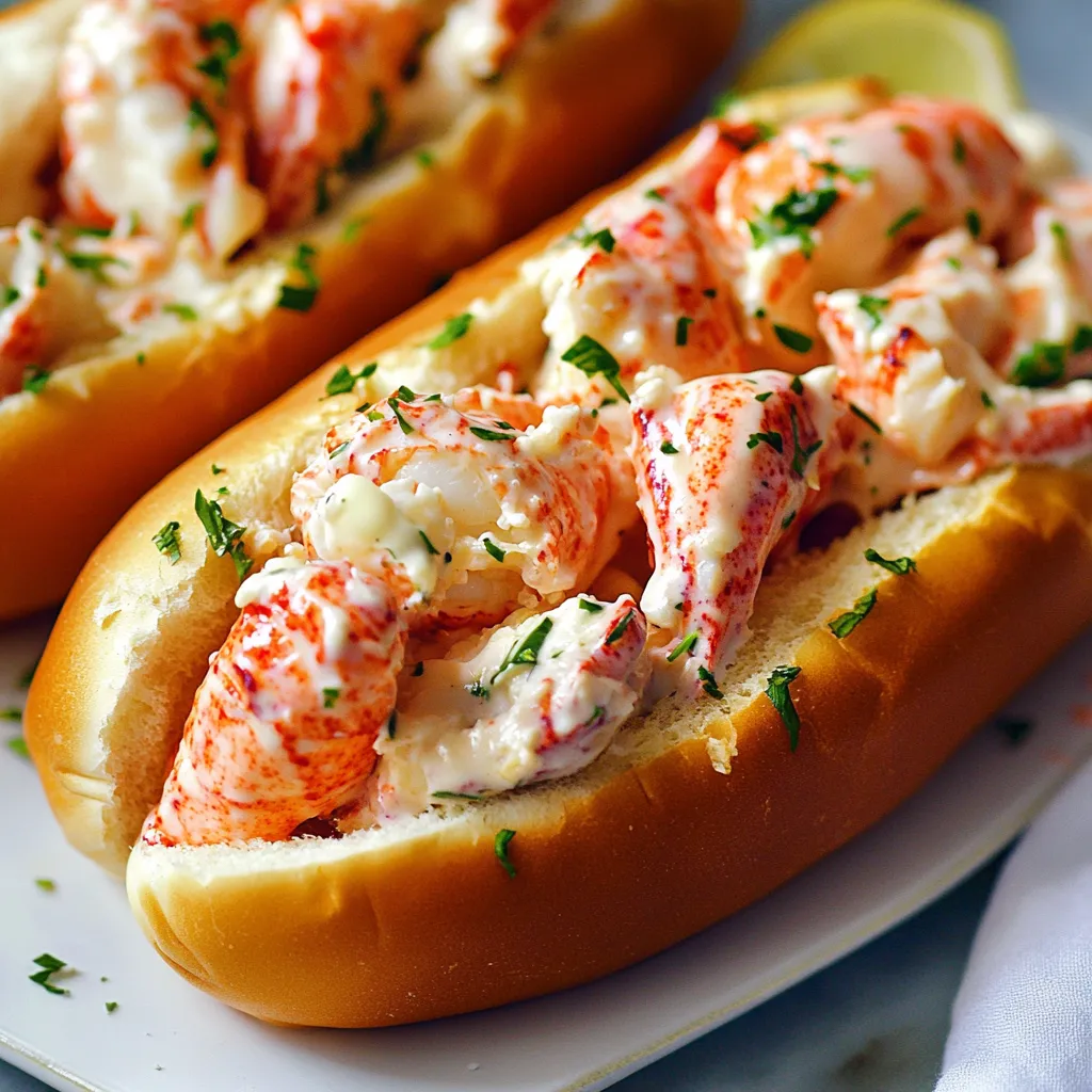Two hot dogs with lobster meat on top.
