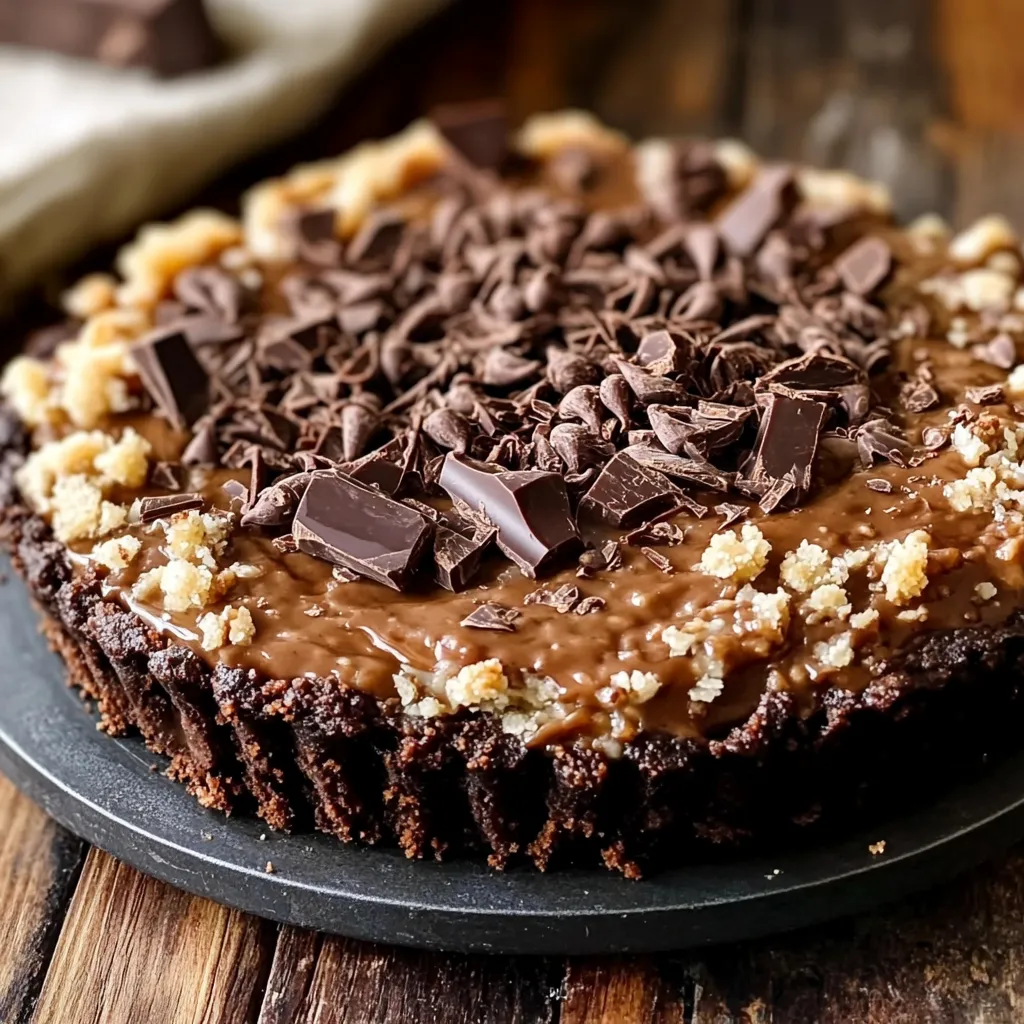 A close-up of a chocolate slice topped with crunchy chocolate bits.