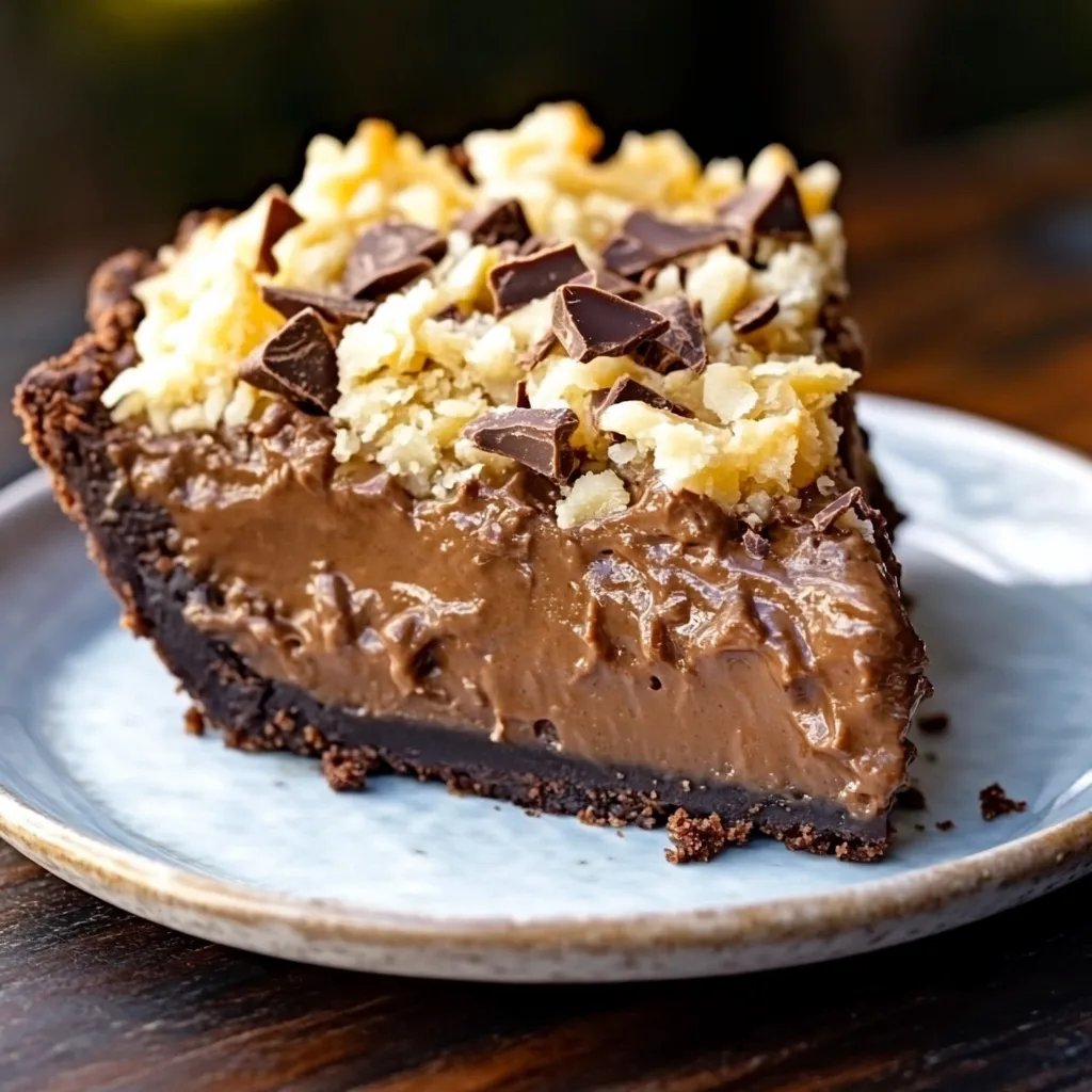 A slice of chocolate cake with chocolate chips and nuts.