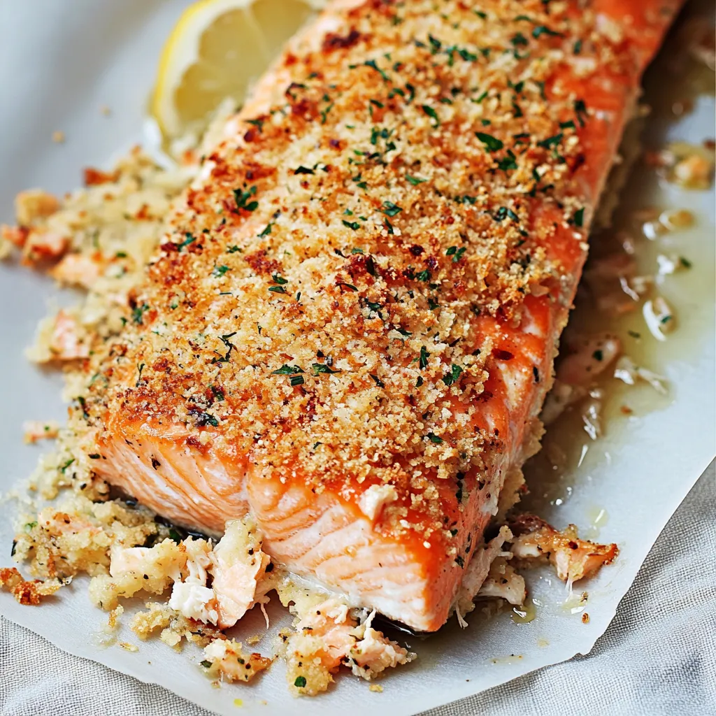 A close-up of baked salmon with a golden, cheesy crust.