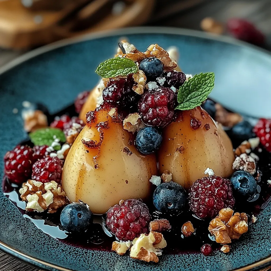 A dish featuring pears, berries, and nuts.