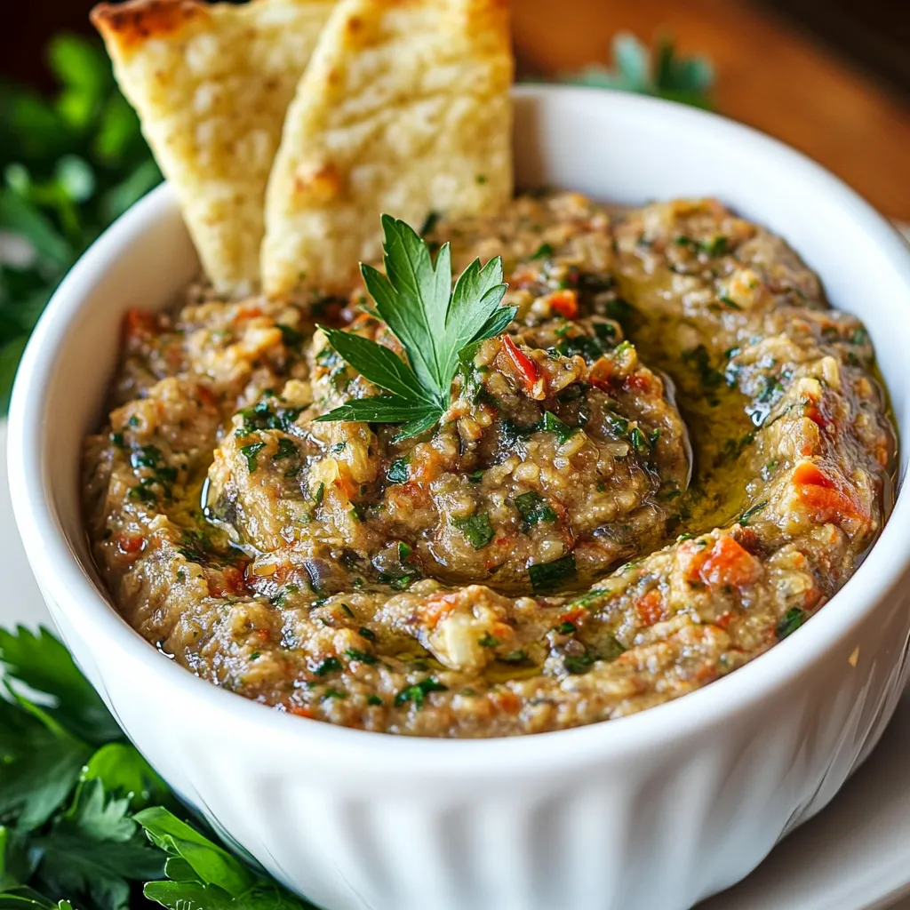 A creamy bowl of baba ganoush garnished with parsley and olive oil.