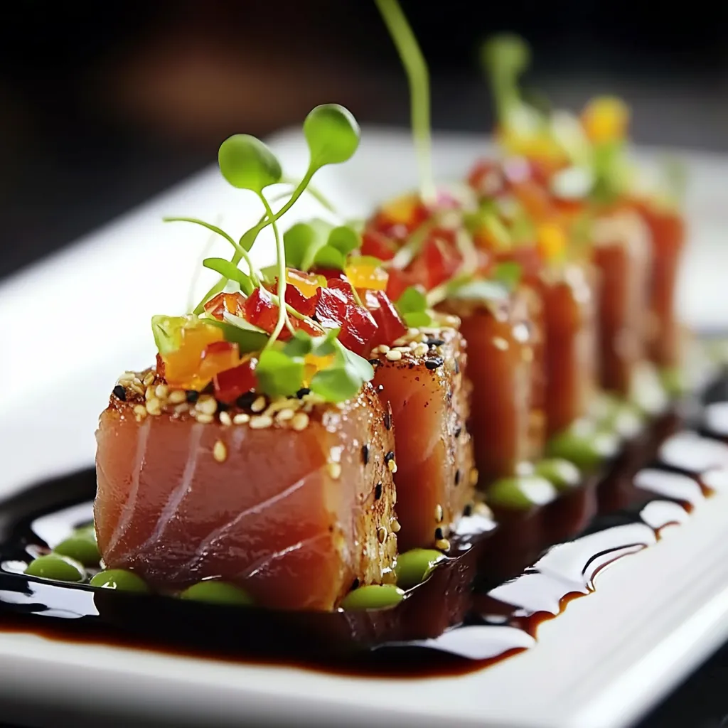 Close-up of ahi tuna plated beautifully.
