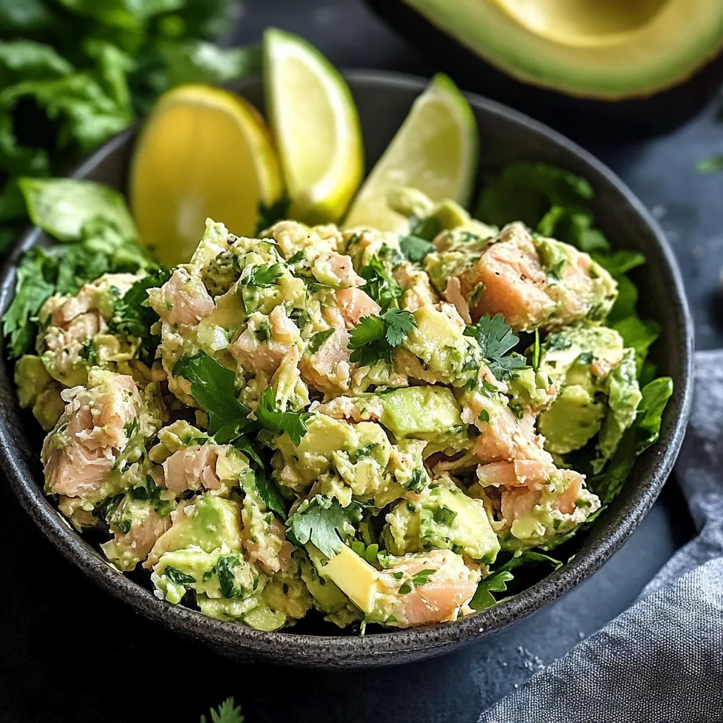 A bowl of food with limes and avocado.