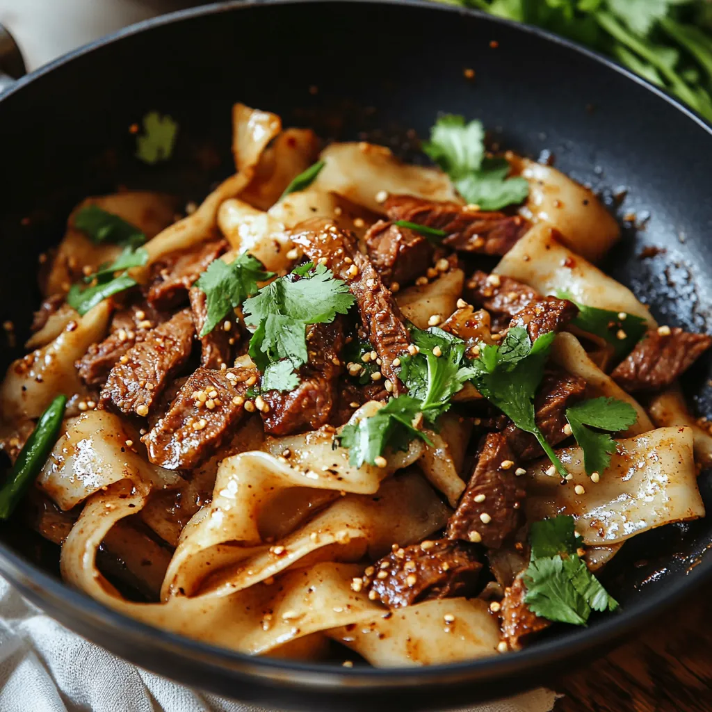 A vibrant dish featuring lamb, noodles, and greens.