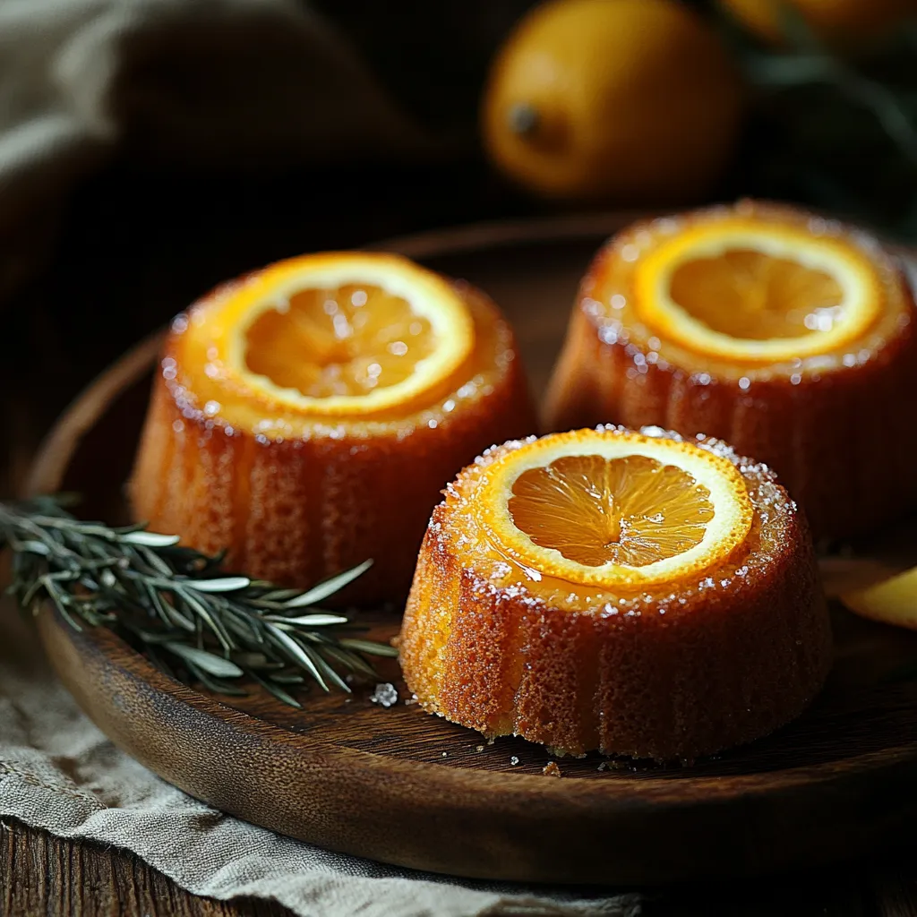 Three orange cakes with orange slices on top.