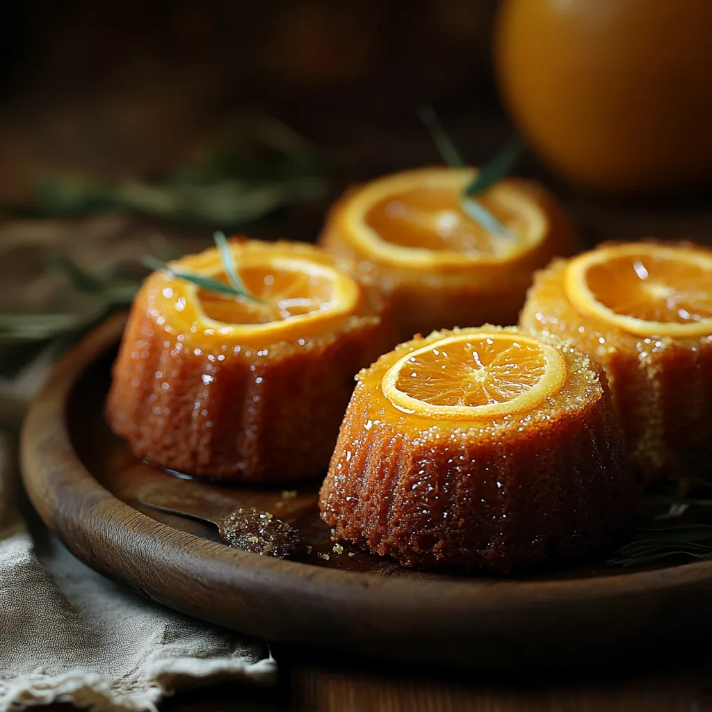 Three orange cakes with orange slices on top.