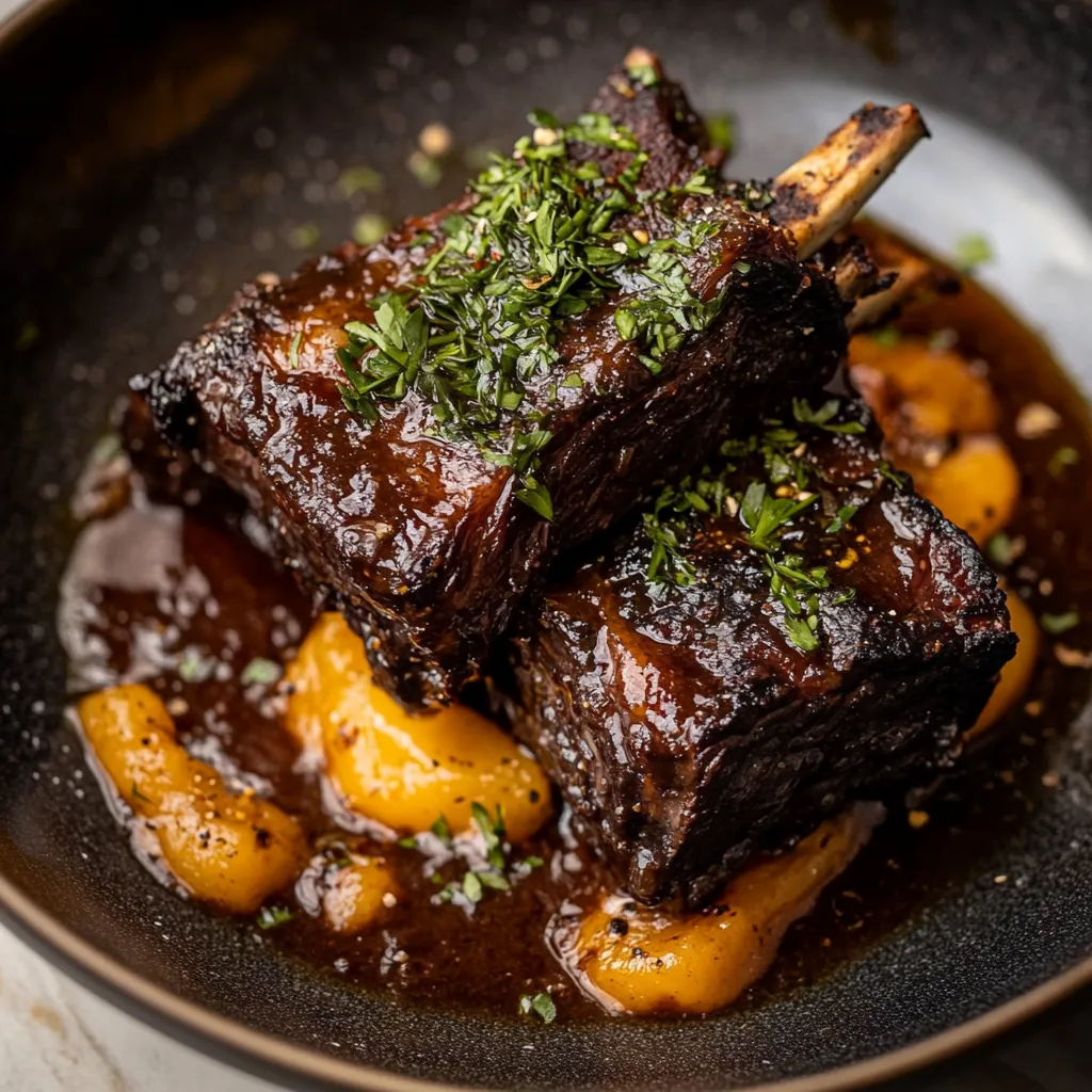 A juicy beef rib dish garnished with greens.