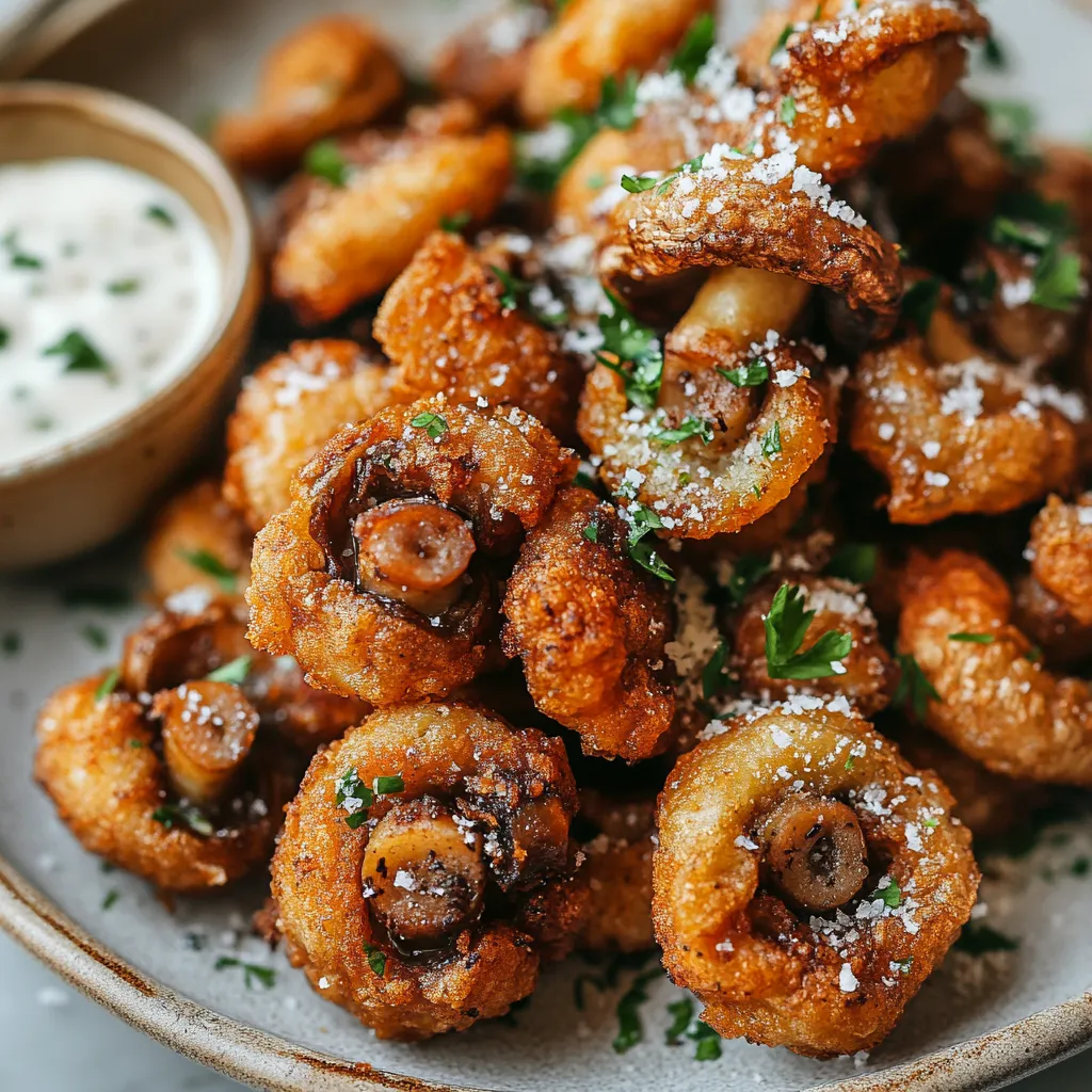 A plate of onion rings with a dipping sauce.