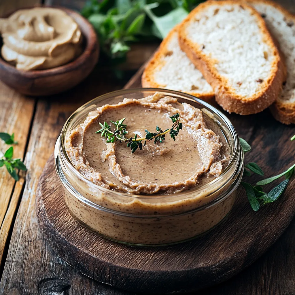 A jar of hummus with a sprig of parsley on top.