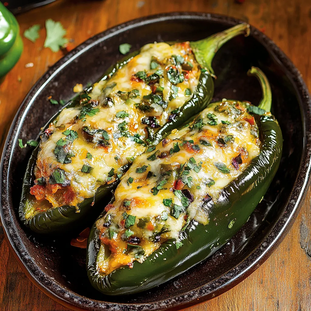 Cheesy poblano peppers cut in half.