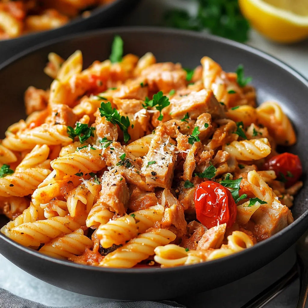 A savory pasta bowl with tuna and tomatoes.