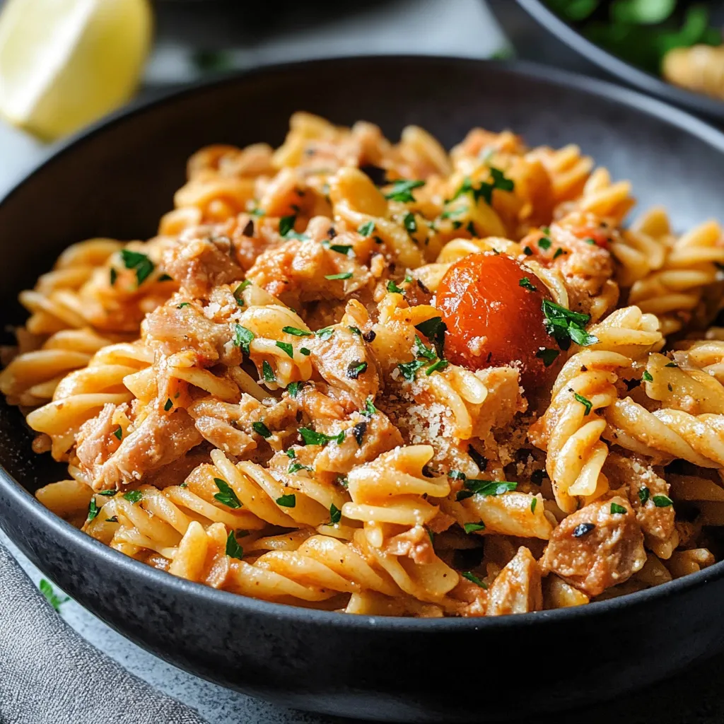 A bowl of pasta with meat and tomatoes.